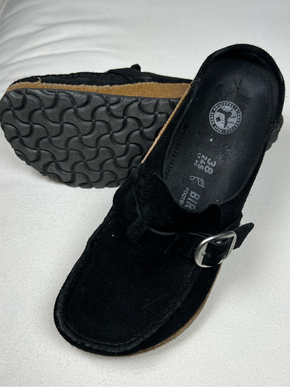 Birkenstock Suede Buckley clogs silver buckle cork footbed Black 38/US 7-7.7